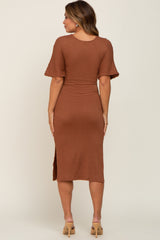 Brown Cable Knit Front Twist Maternity Midi Dress