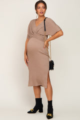 Mocha Cable Knit Front Twist Maternity Midi Dress