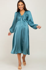 Teal Satin Tie Front Cutout Maternity Midi Dress