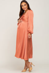 Orange Satin Tie Front Cutout Maternity Midi Dress