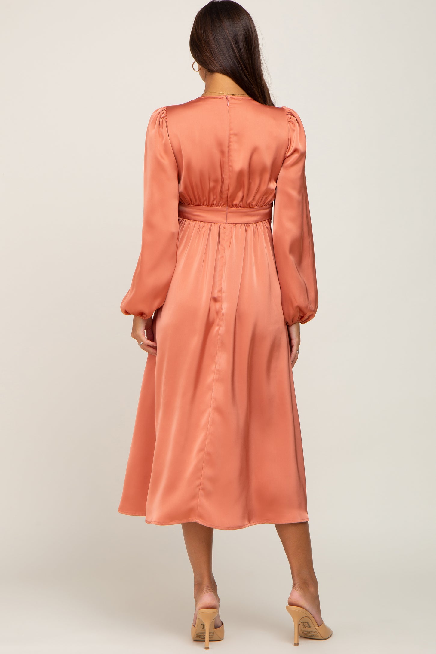 Orange Satin Tie Front Cutout Maternity Midi Dress