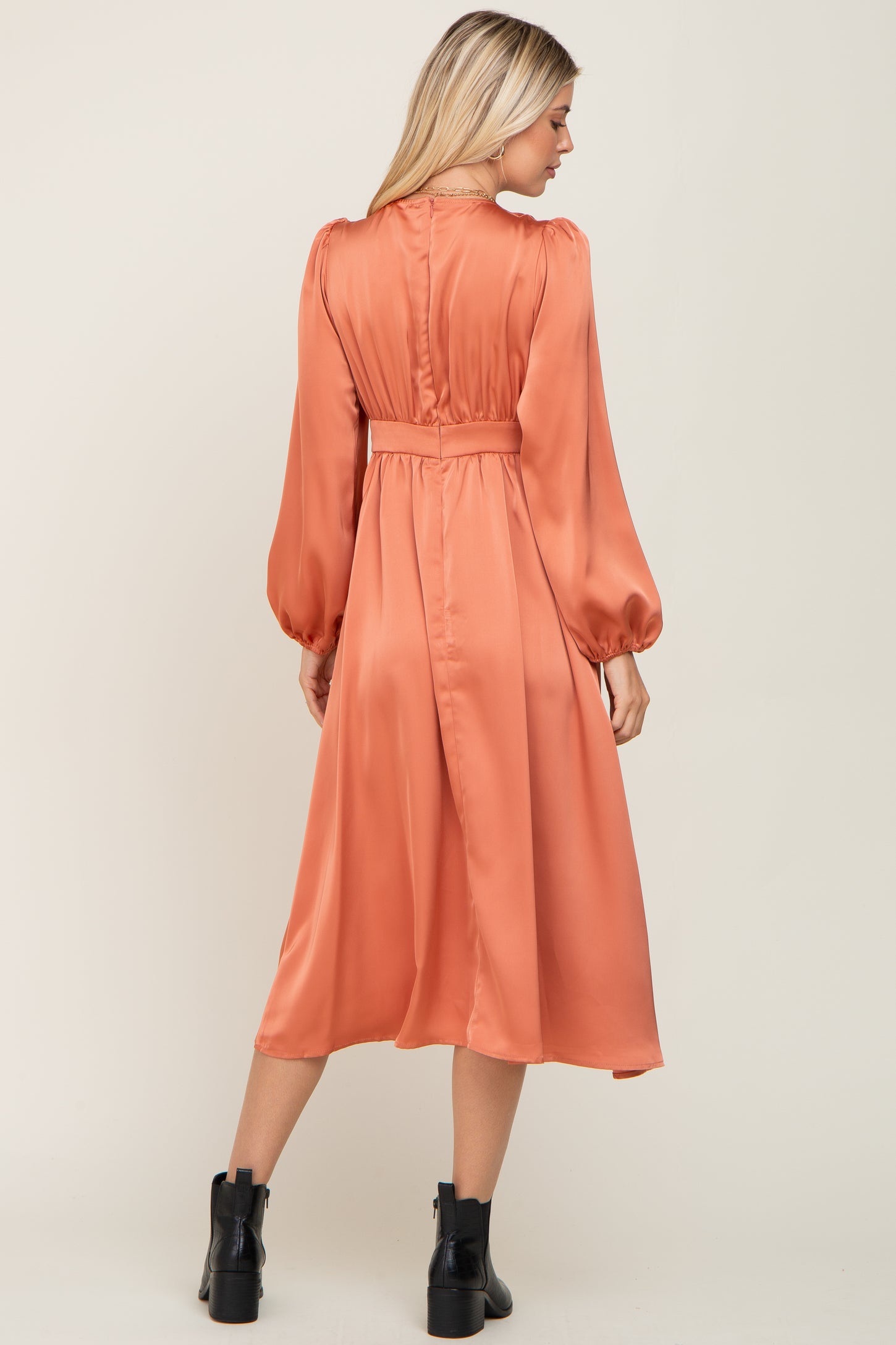 Orange Satin Tie Front Cutout Midi Dress