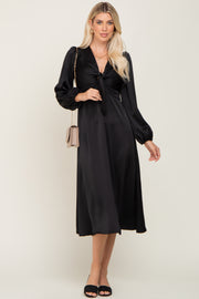 Black Satin Tie Front Cutout Midi Dress