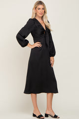 Black Satin Tie Front Cutout Midi Dress