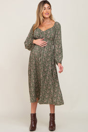 Olive Cinched Tie Waist Maternity Midi Dress