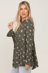 Olive Rust Floral Ruffle Accent Babydoll Top