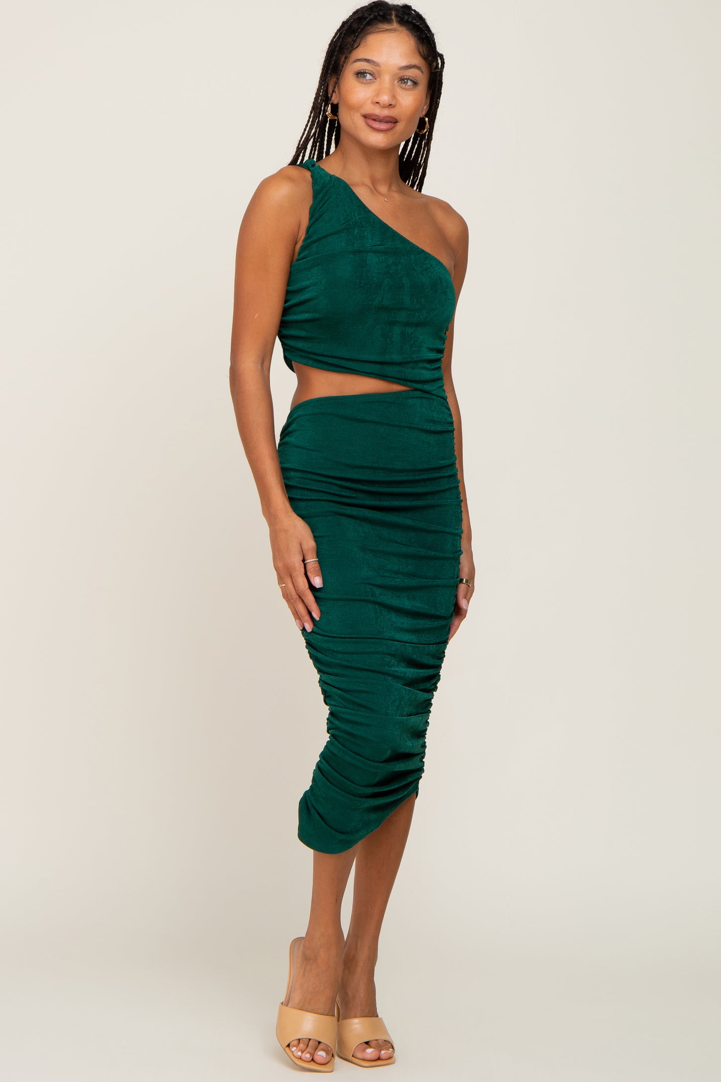 Forest Green Ruched Cutout One Shoulder Dress