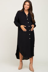 Black Button Down Front Pocket Maternity Midi Dress