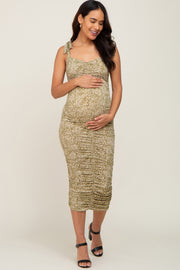 Light Olive Printed Ruched Shoulder Tie Maternity Dress