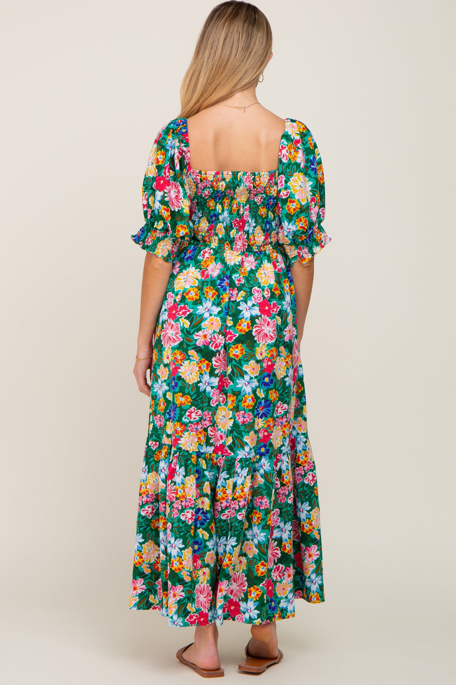 Green Floral Smocked Puff Sleeve Maternity Maxi Dress