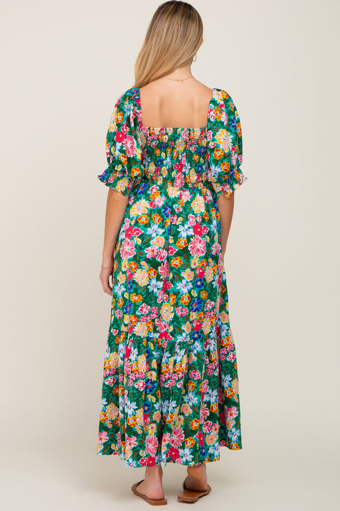 Green Floral Smocked Puff Sleeve Maternity Maxi Dress