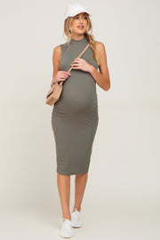 Olive Ribbed Mock Neck Maternity Midi Dress