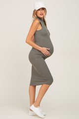 Olive Ribbed Mock Neck Maternity Midi Dress