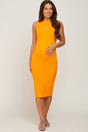 Orange Ribbed Mock Neck Maternity Midi Dress