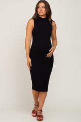 Black Ribbed Mock Neck Maternity Midi Dress