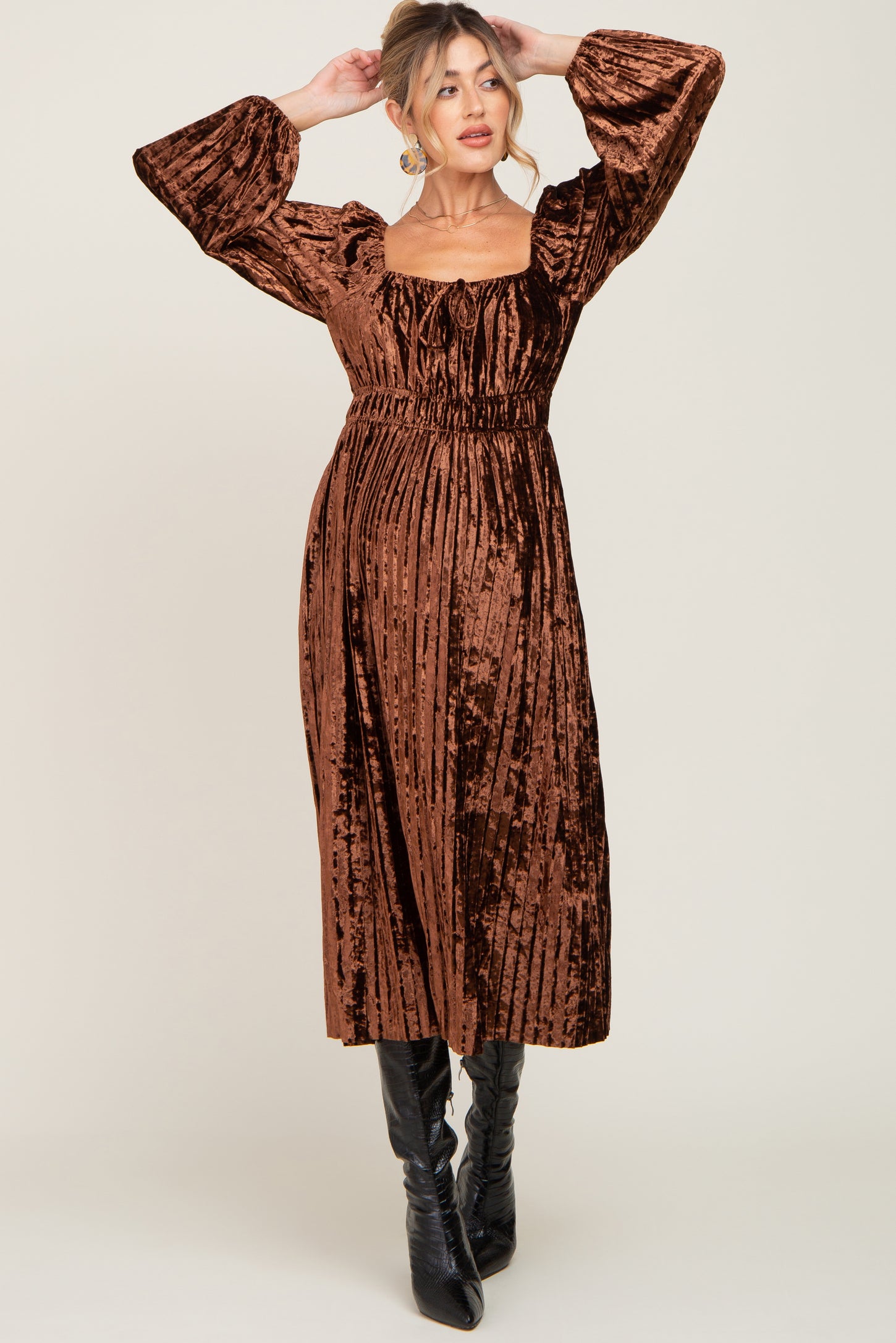 Brown Velvet Pleated Maternity Midi Dress