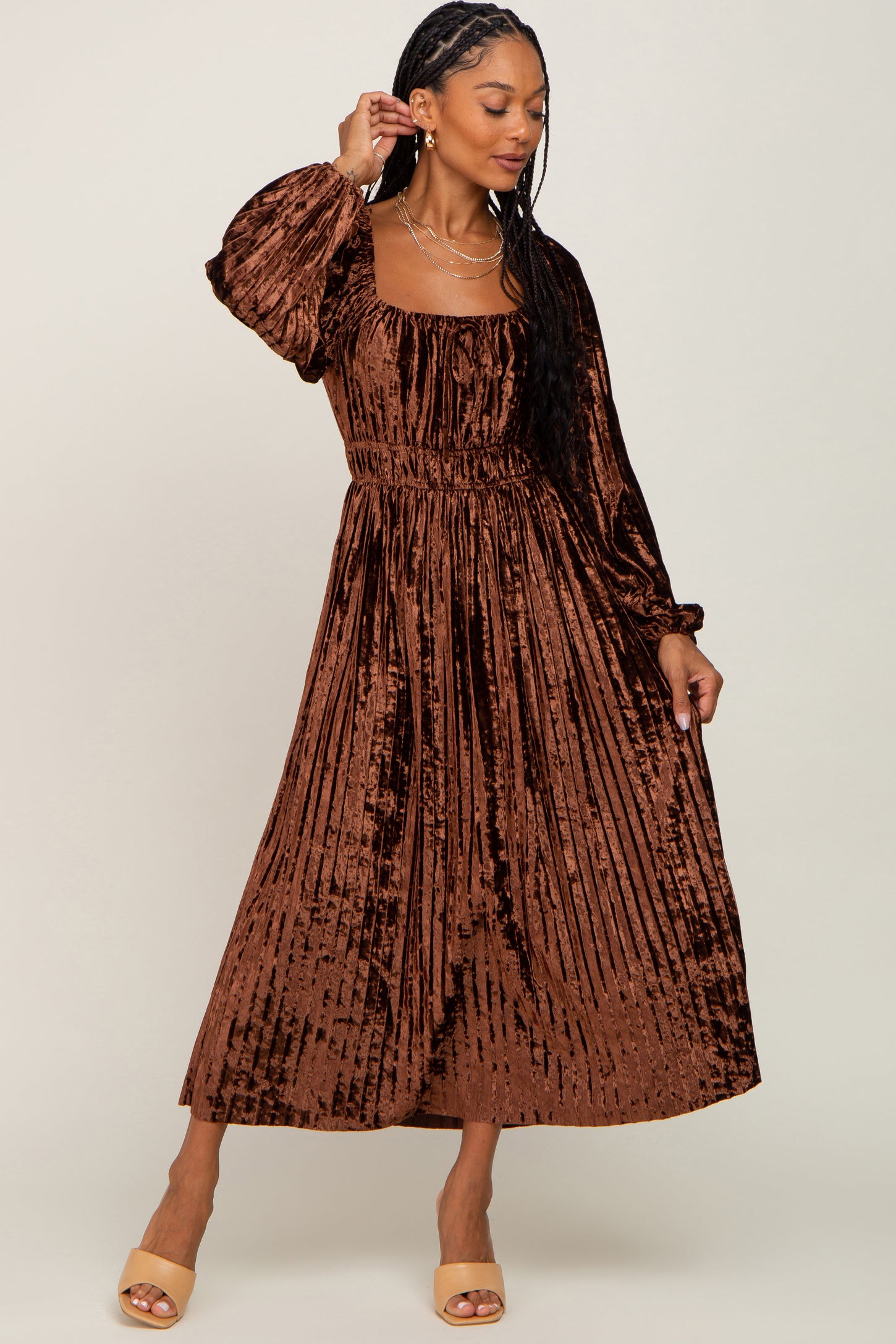 Brown Velvet Pleated Maternity Midi Dress