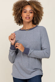 Navy Ribbed Striped Long Sleeve Top