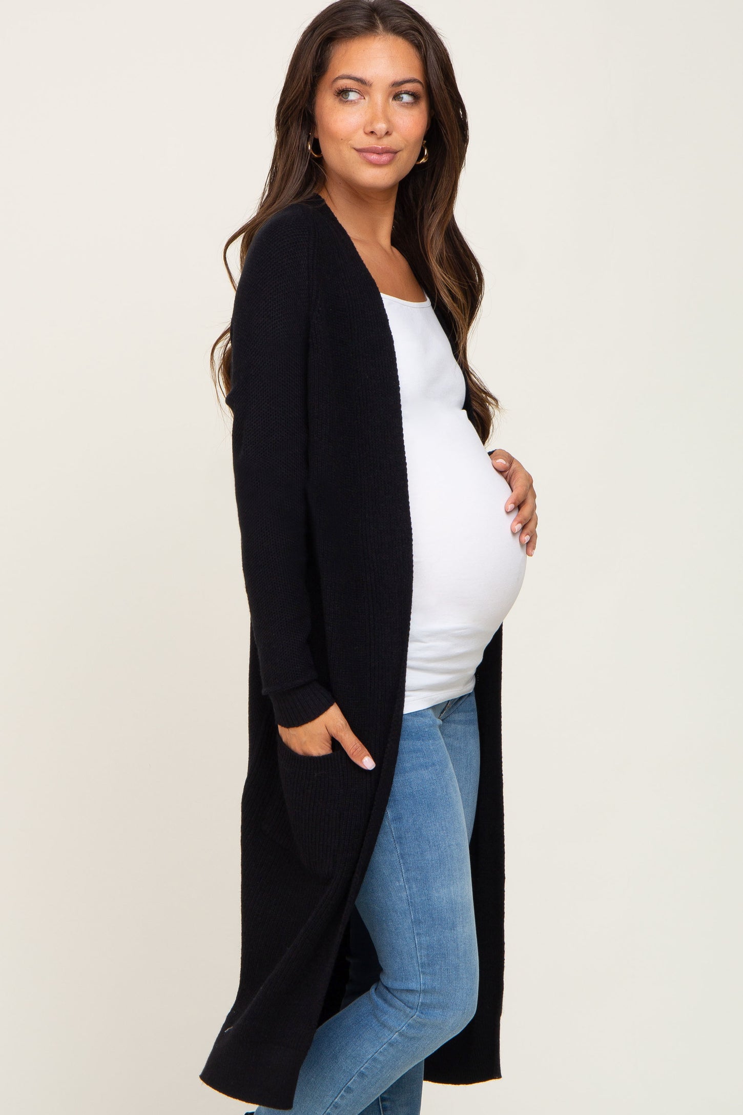 Black Open Front Long Maternity Cardigan