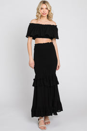 Black Linen Off Shoulder Top and Smocked Tiered Skirt Set