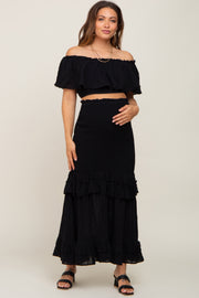 Black Linen Off Shoulder Top and Smocked Tiered Skirt Maternity Set