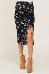 Black Floral Cinched Side Maternity Midi Skirt