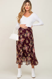 Burgundy Floral Chiffon Pleated Maternity Skirt
