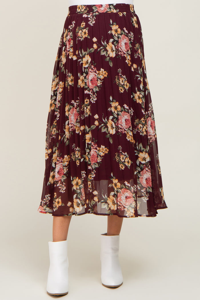 Burgundy Floral Chiffon Pleated Maternity Skirt
