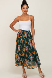 Forest Green Floral Chiffon Pleated Skirt