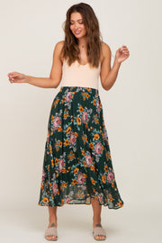 Forest Green Floral Chiffon Pleated Maternity Skirt