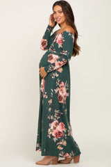 Forest Green Floral Off Shoulder Long Sleeve Maternity Maxi Dress