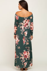 Forest Green Floral Off Shoulder Long Sleeve Maternity Maxi Dress