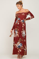 Burgundy Floral Off Shoulder Long Sleeve Maxi Dress