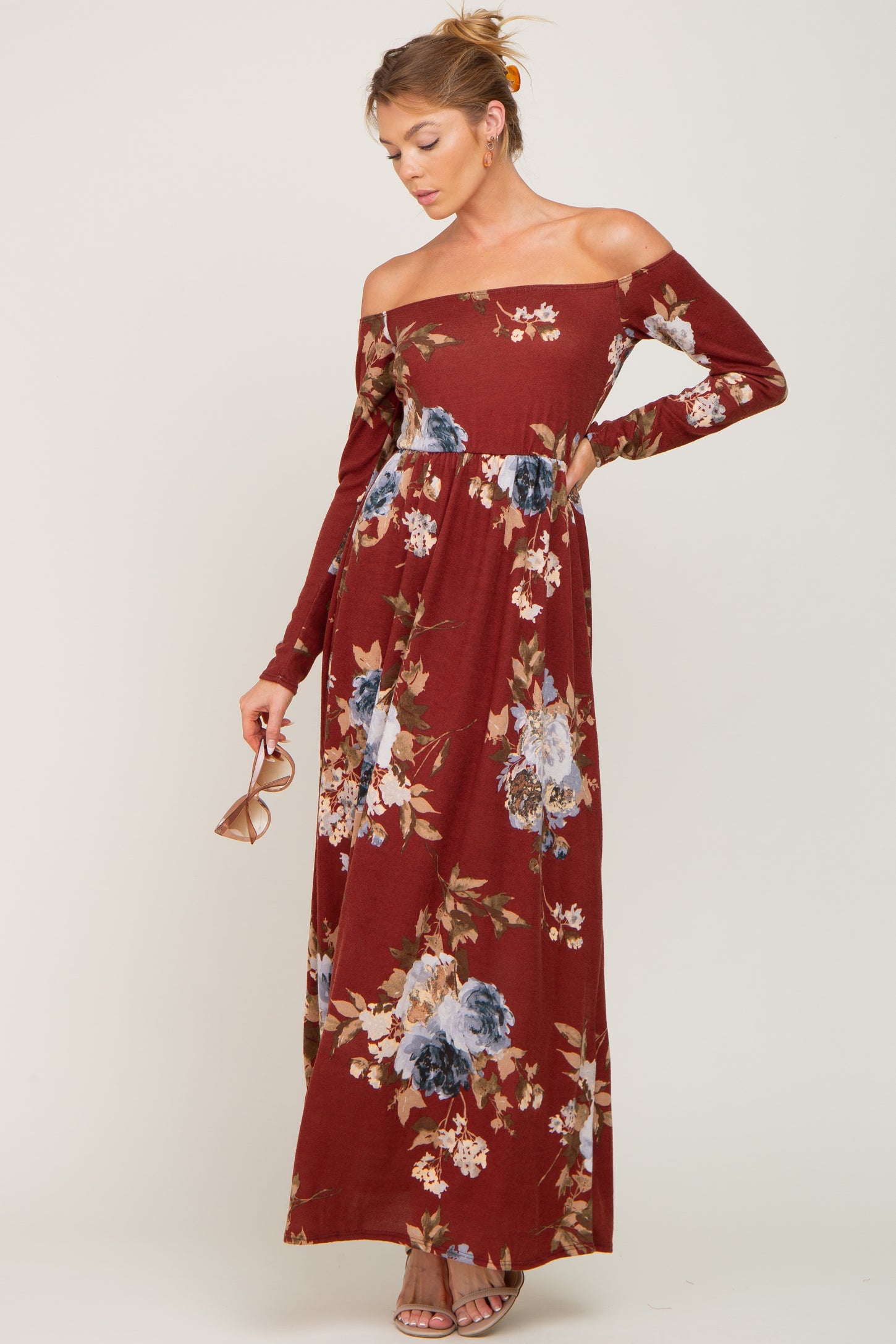 Burgundy Floral Off Shoulder Long Sleeve Maternity Maxi Dress