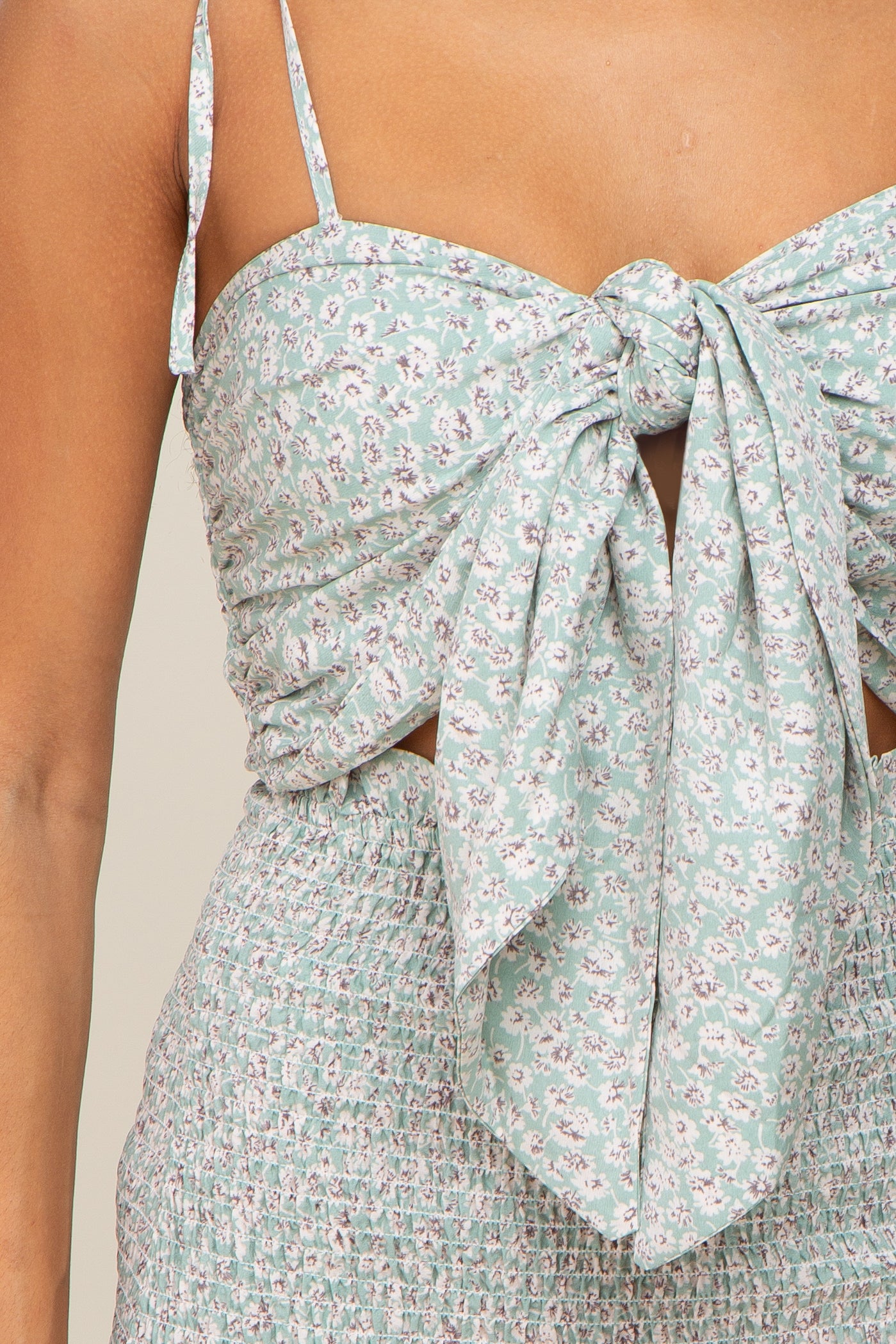 Mint Green Floral Knot Front Smocked Midi Dress