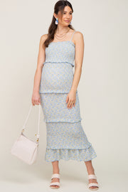 Blue Floral Chiffon Smocked Tiered Square Neck Maternity Midi Dress
