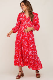 Red Floral Button Front Smocked Waist Tiered Maternity Midi Dress