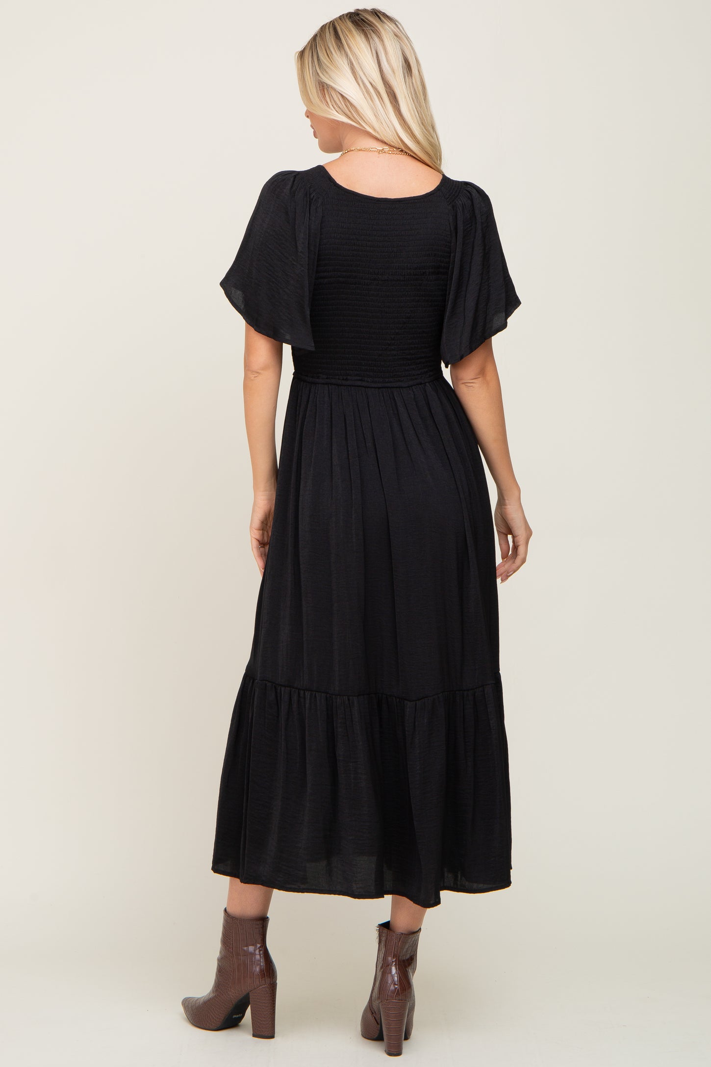 Black Satin Smocked Midi Dress