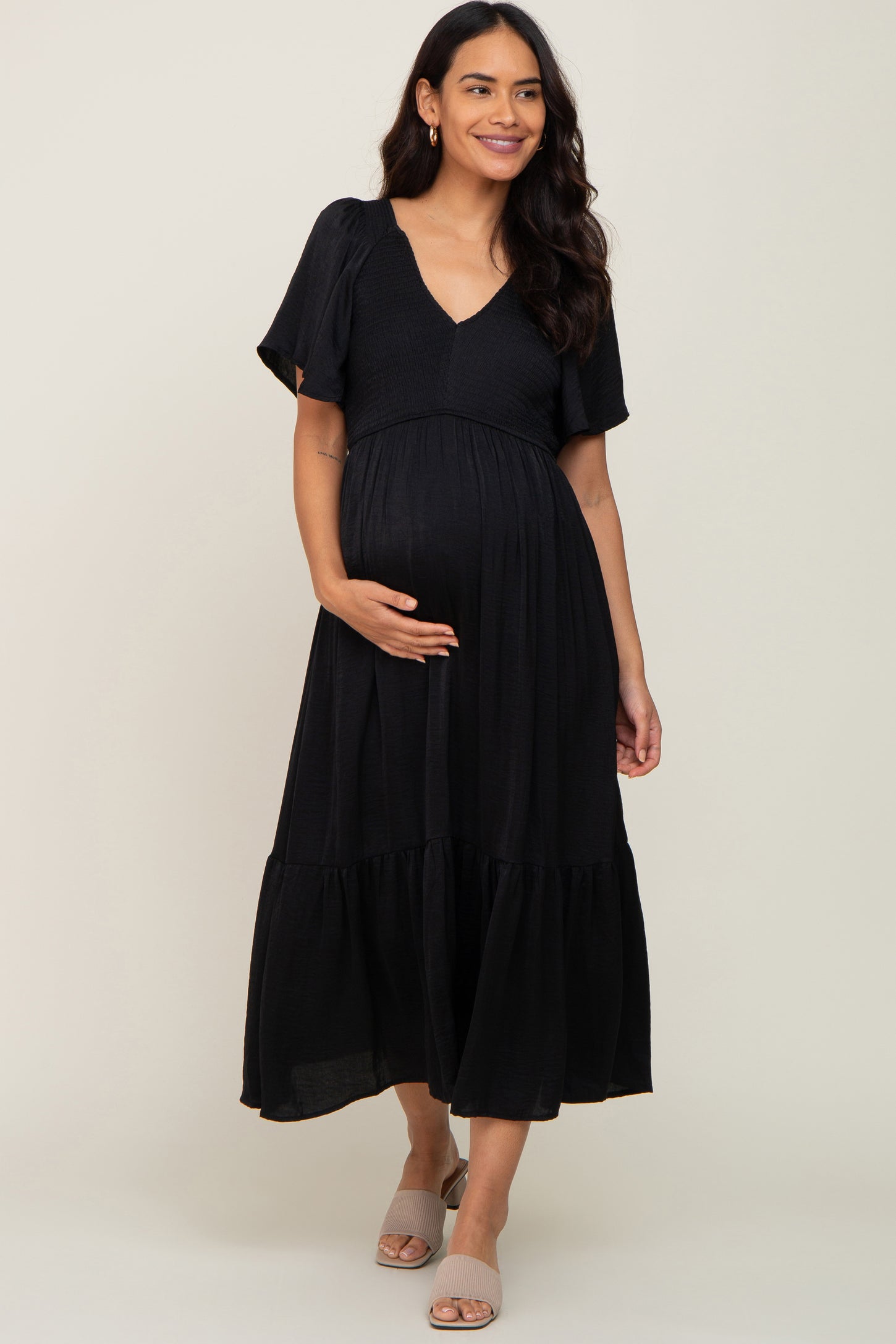 Black Satin Smocked Maternity Midi Dress