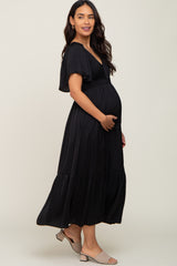 Black Satin Smocked Maternity Midi Dress