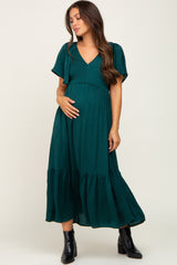 Emerald Satin Smocked Maternity Midi Dress