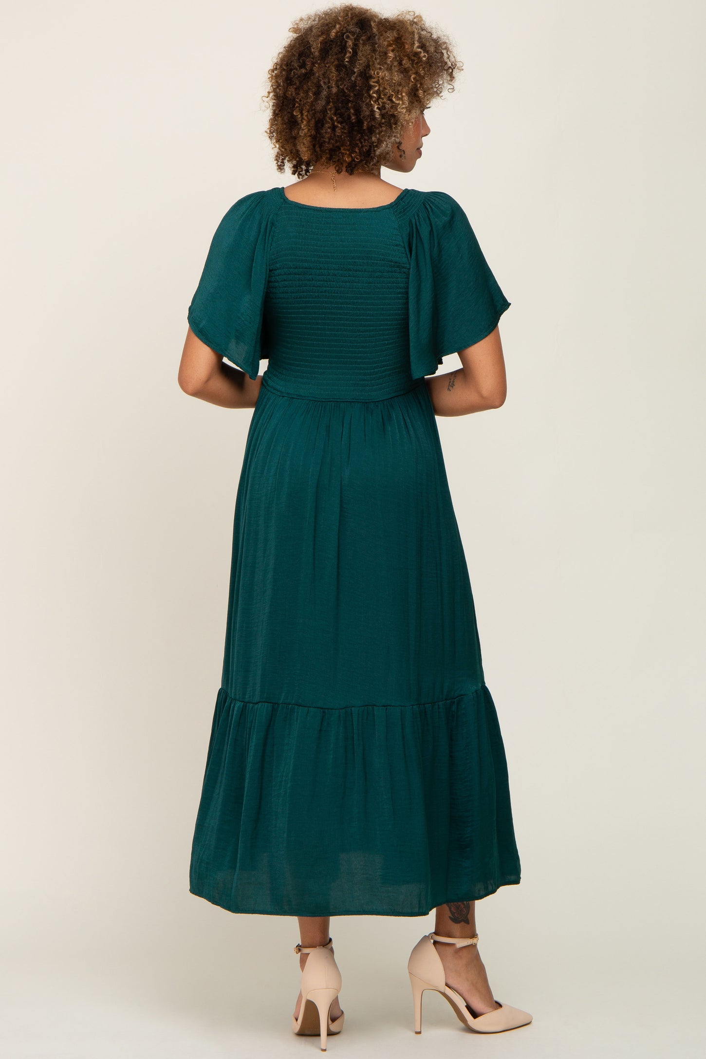 Emerald Satin Smocked Midi Dress