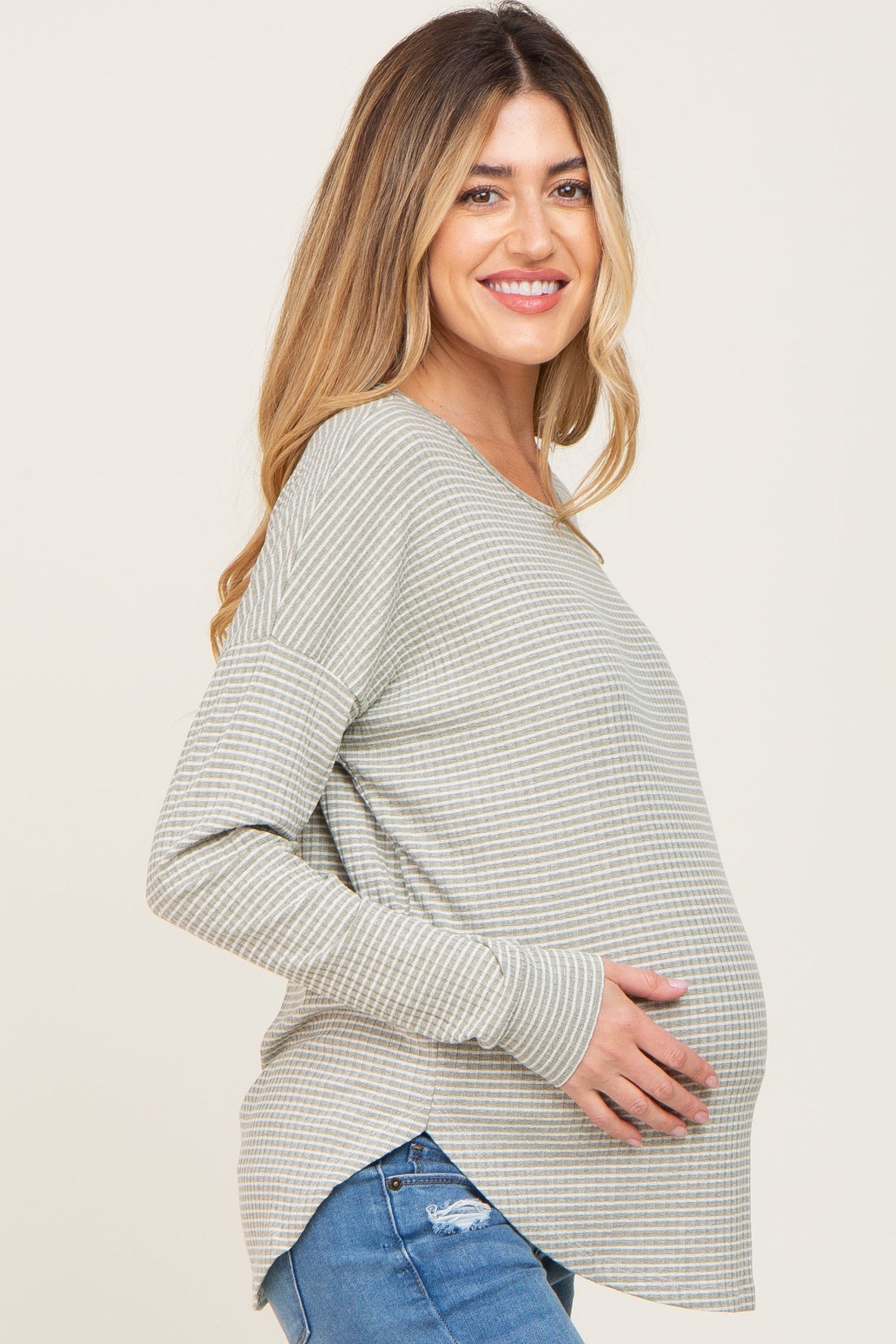 Light Olive Striped Knit Long Sleeve Curved Hem Maternity Top