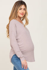 Mocha Striped Knit Long Sleeve Curved Hem Maternity Top