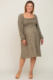 Olive Printed Long Sleeve Plus Maternity Midi Dress