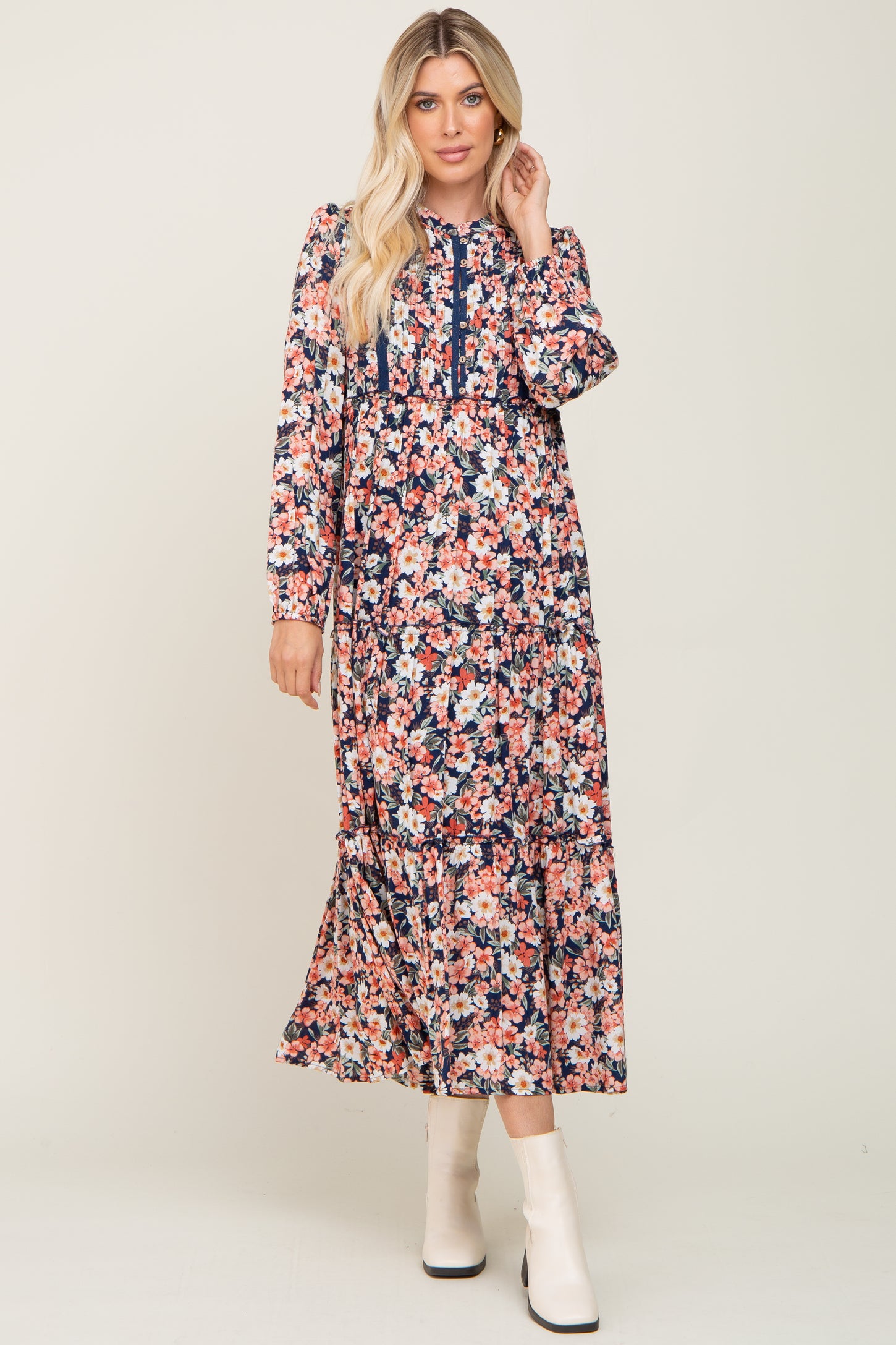 Navy Floral Pleated Front Button Maternity Maxi Dress