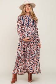 Navy Floral Pleated Front Button Maternity Maxi Dress