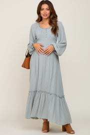Light Blue Lace Trim Smocked Waist Maternity Maxi Dress