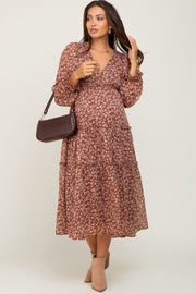 Brown Floral Ruffle Tiered Maternity Midi Dress