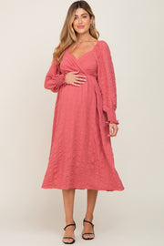 Mauve Wrap Smocked Accent Long Sleeve Maternity Dress